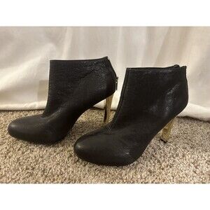 Tory Burch Corbet Landed Capra Black Leather Gold Heeled Booties Size 8.5